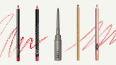 Collage of five of the best lip pencils featured in this guide from (left to right) MAC, Nyx Professionnal Makeup, REFY, MERIT and Charlotte Tilbury, set in front of two pencil scrawls on an off white background