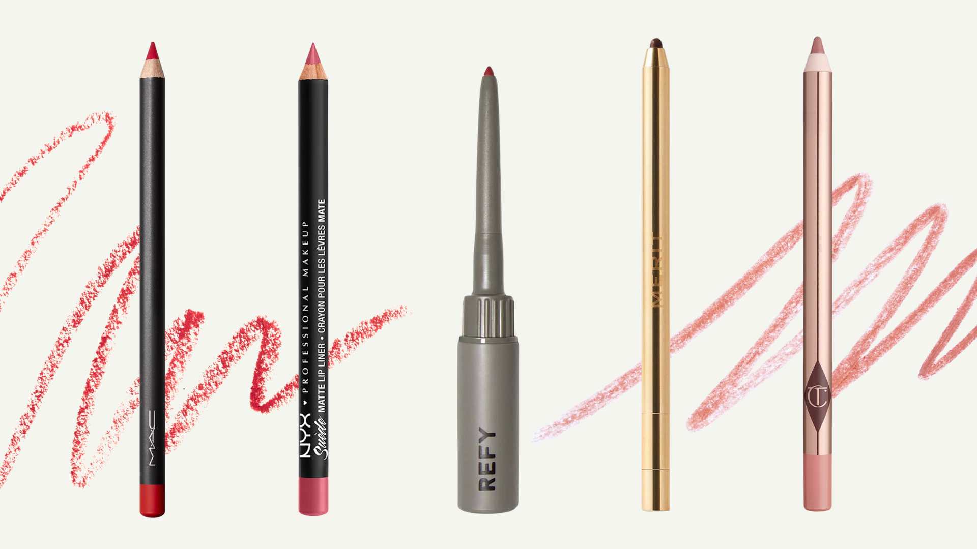 Collage of five of the best lip pencils featured in this guide from (left to right) MAC, Nyx Professionnal Makeup, REFY, MERIT and Charlotte Tilbury, set in front of two pencil scrawls on an off white background 