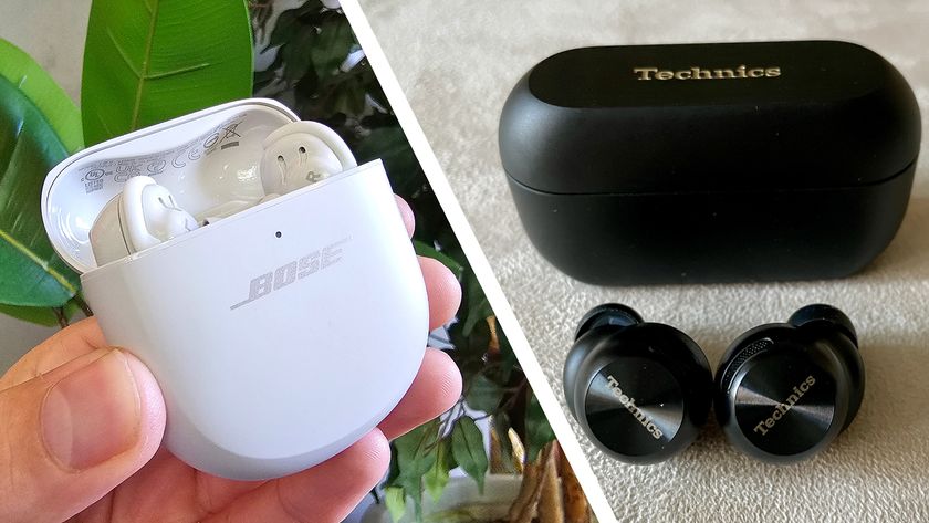 Bose QuietComfort Ultra Earbuds on the left, Technics EAH-AZ100 on the right