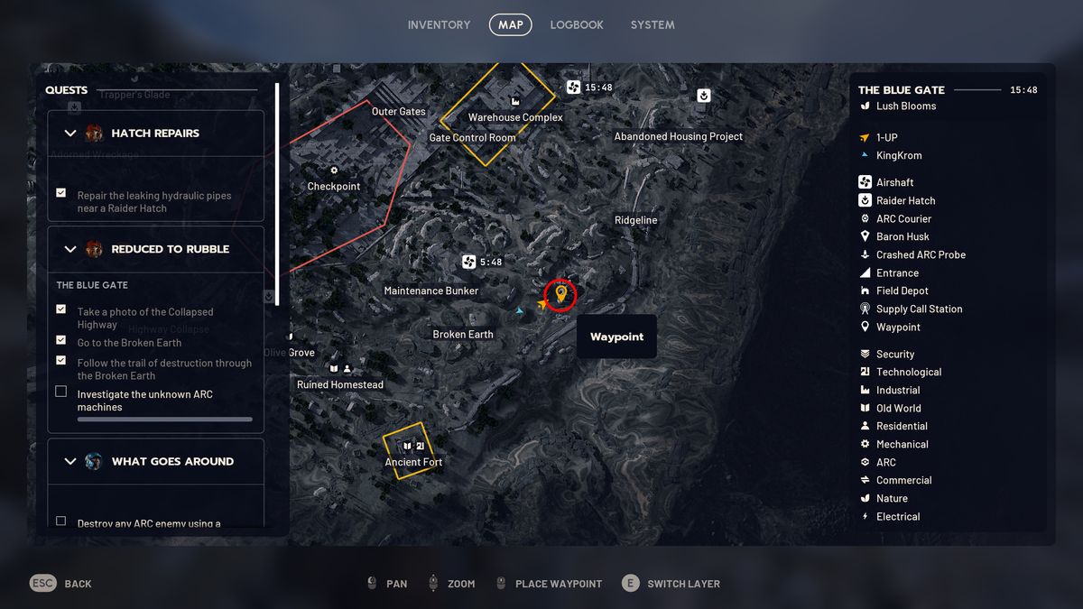 Arc Raiders Reduced to Rubble: A map with a red circle showing where the trail of destruction in Broken Earth leads.