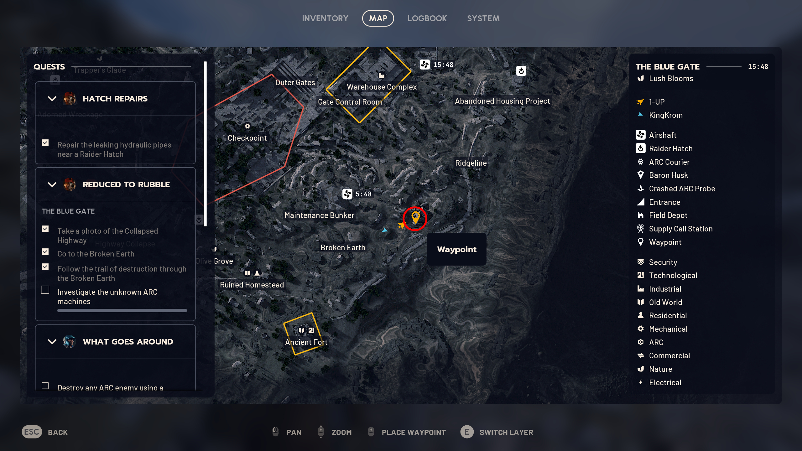 Arc Raiders Reduced to Rubble: A map with a red circle showing where the trail of destruction in Broken Earth leads.