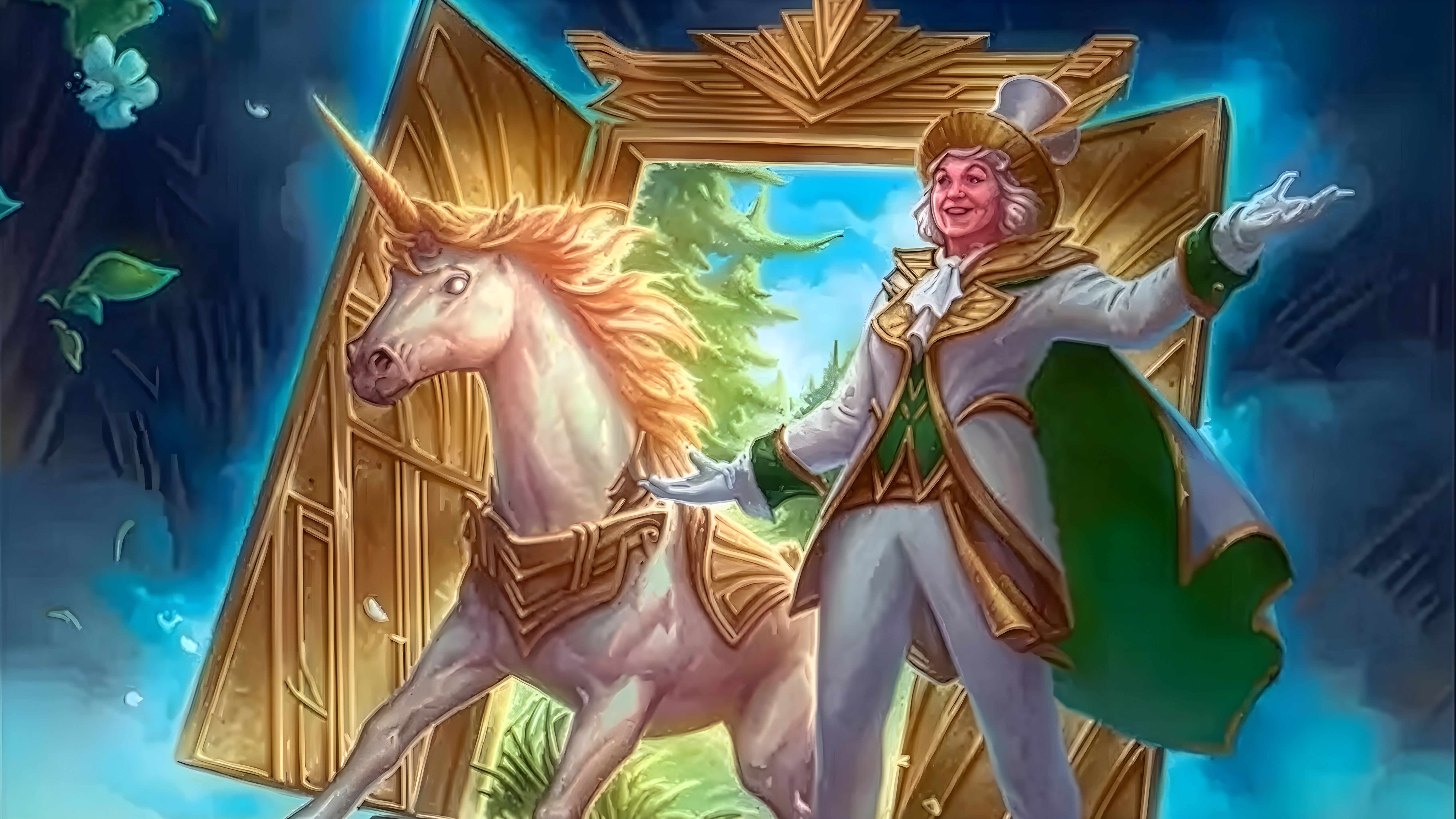 Elda, Conjurer of Spectacle welcoming forth a Unicorn.