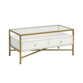 coffee table with gold frame, white shelves and a glass top