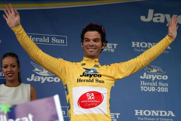 Drapac's Rhys Pollock shows off the first yellow jersey of the 2011 Jayco Herald Sun Tour in Ballarat