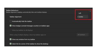 A screenshot of the Windows 11 taskbar settings menu