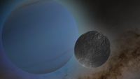 A large glowing blue sphere next to an overlapping smaller grey sphere with a craggy texture