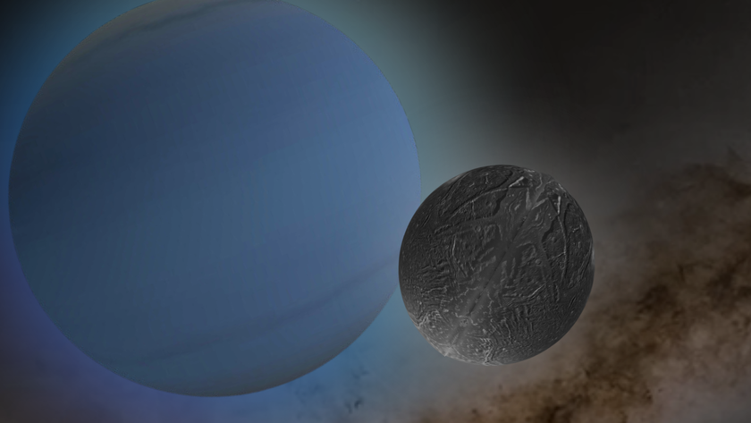 An illustration shows the moon Ariel orbiting the ice giant Uranus