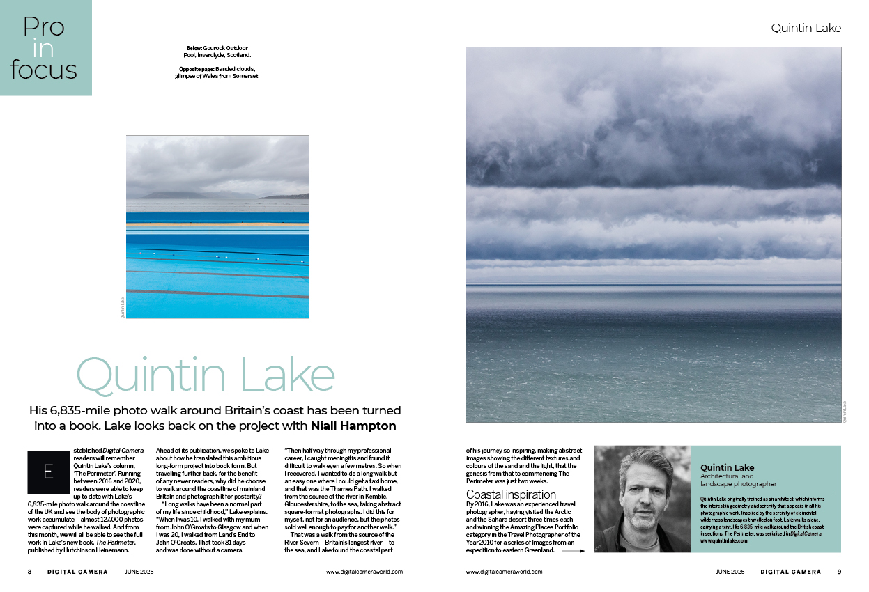 Image showing the first two pages of the Pro in Focus article in issue 295 (June 2025) of Digital Camera magazine, a profile of architectural and landscape photographer Quintin Lake whose book The Perimeter is on sale now