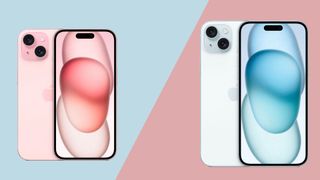 The iPhone 15 and iPhone 15 Plus handsets on a blue and pink background.