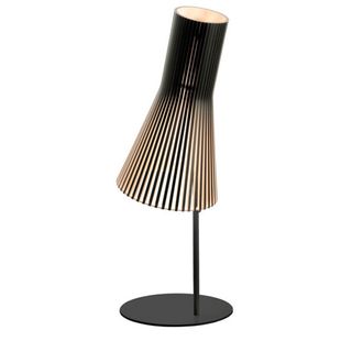 table lamp with slender strips of wood shade and black base