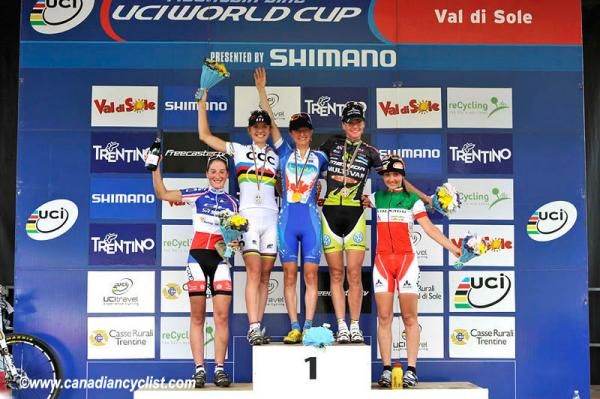 Women's podium: Bresset, Wloszczowskam, Pendrel, Dahl-Flesjaa, Lechner