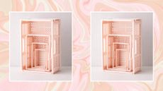 Repeated image of pink storage baskets on pink background