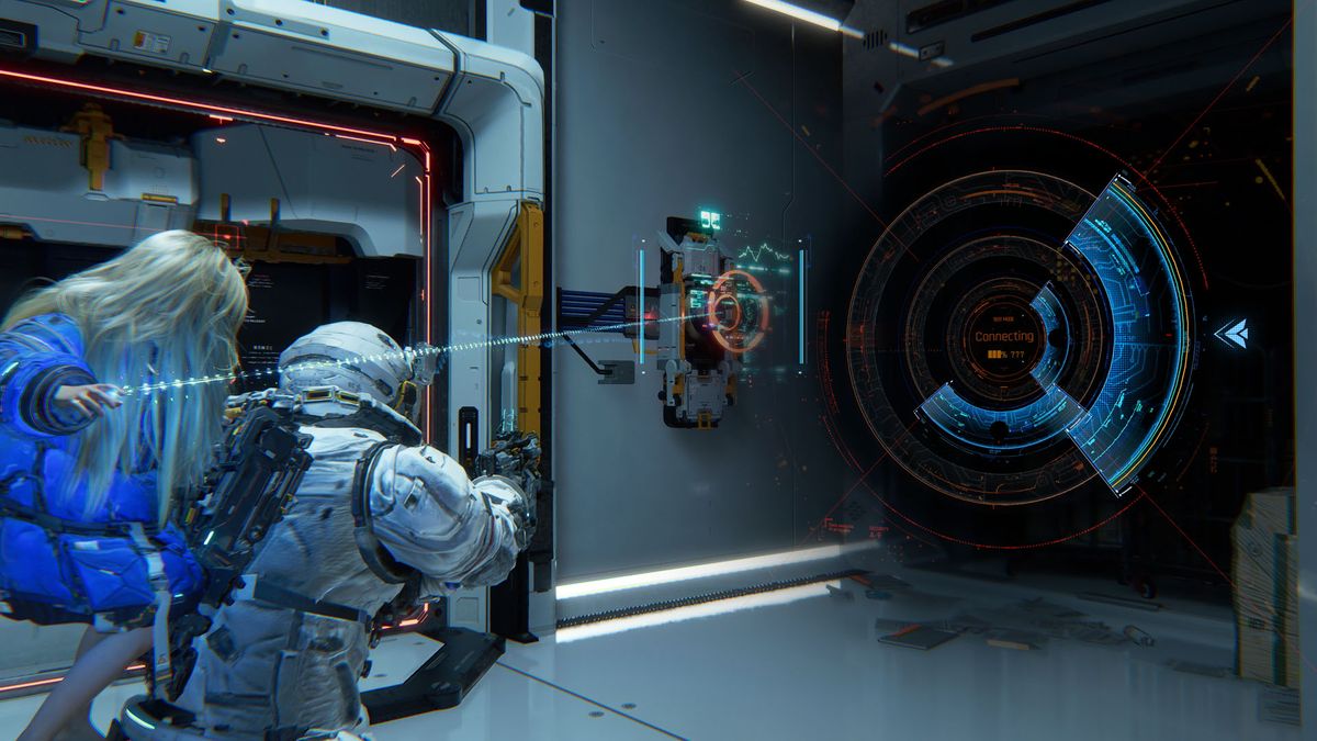 Diana links to a computer with a beam of energy, displaying a radar-like puzzle in Pragmata