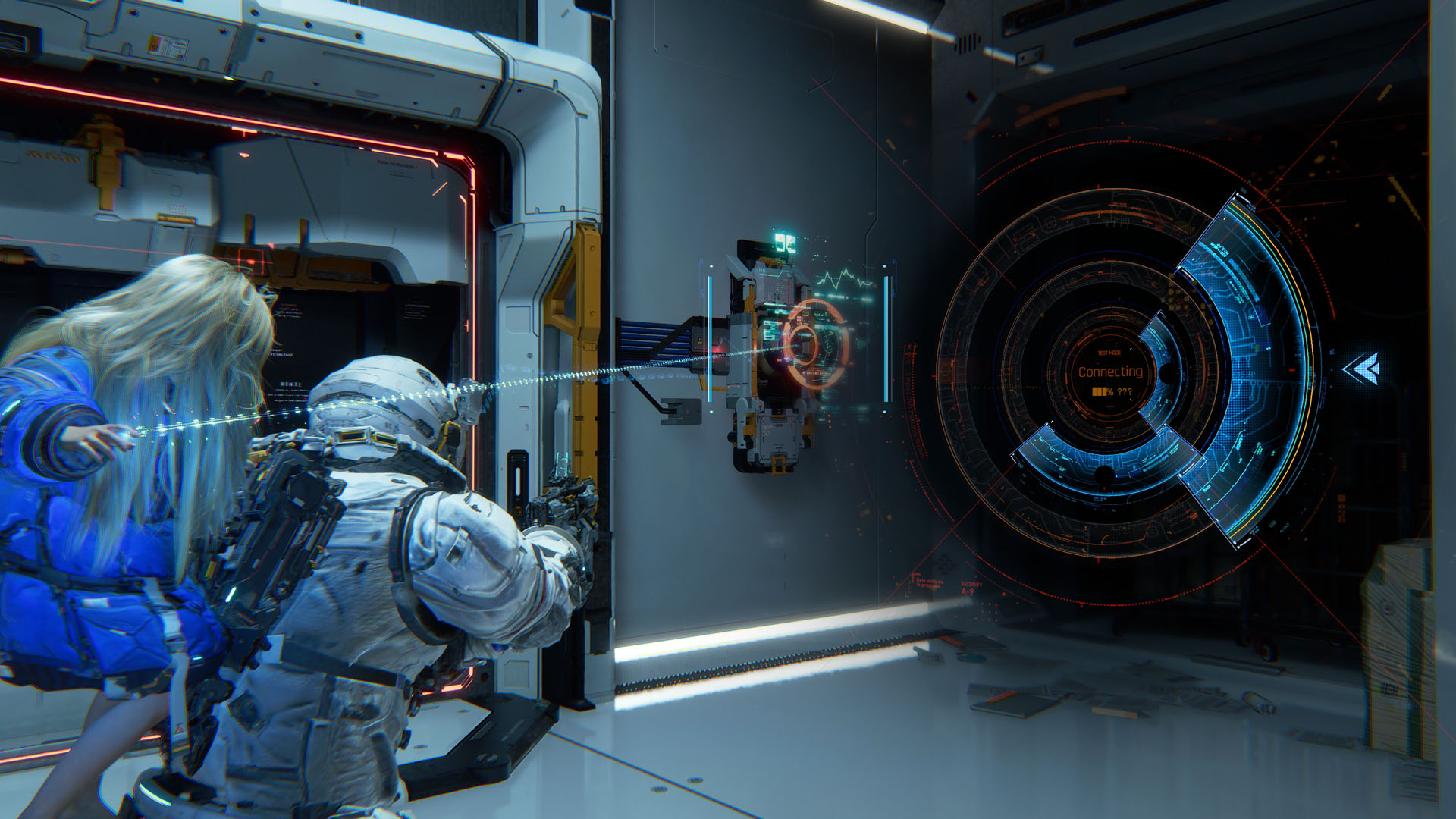 Diana links to a computer with a beam of energy, displaying a radar-like puzzle in Pragmata