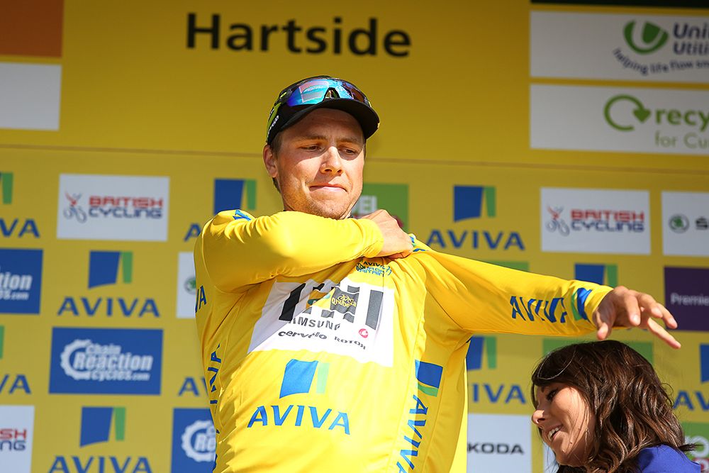 Edvald Boasson Hagen (MTN-Qhubeka) in yellow after stage 5 at the Tour of Britain.