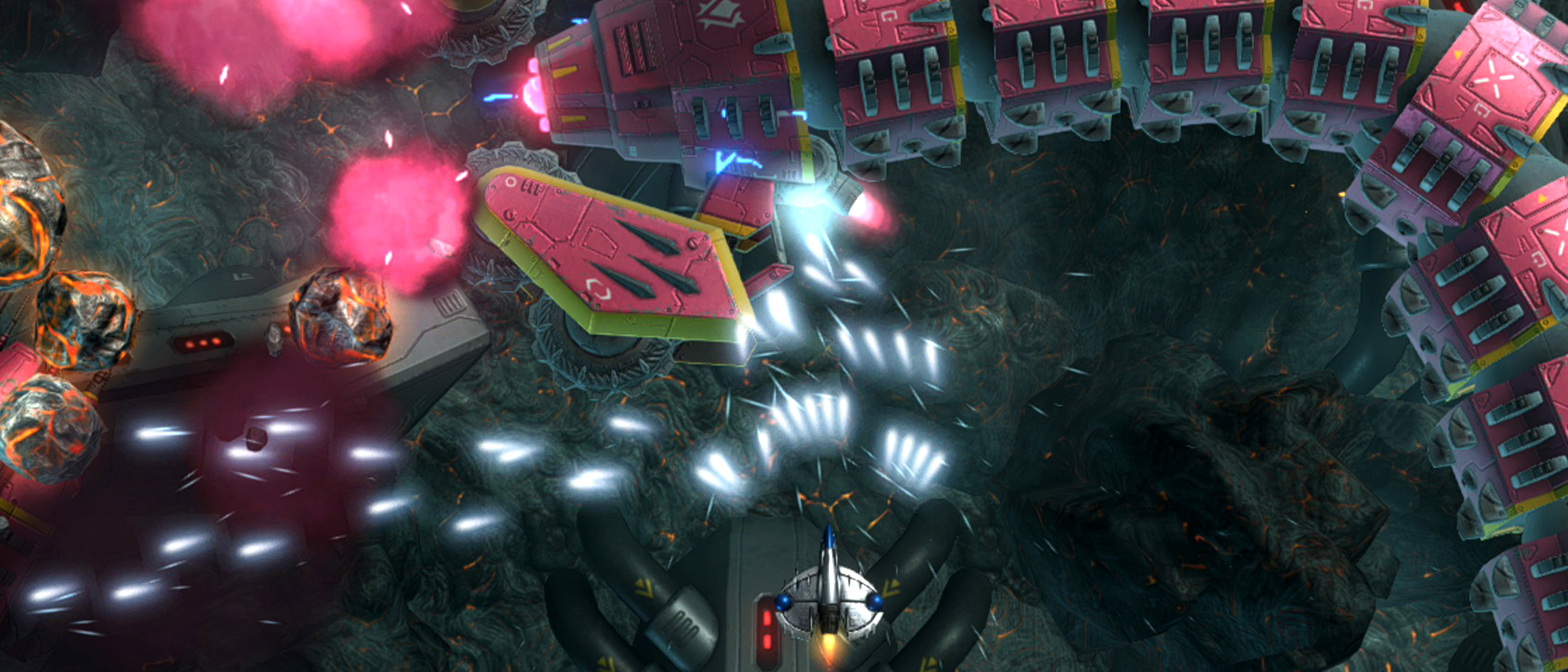 Screens from a retro arcade shooting game
