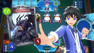 Shadowverse in-game screenshot player in blue jacket showing a game card with black dragon