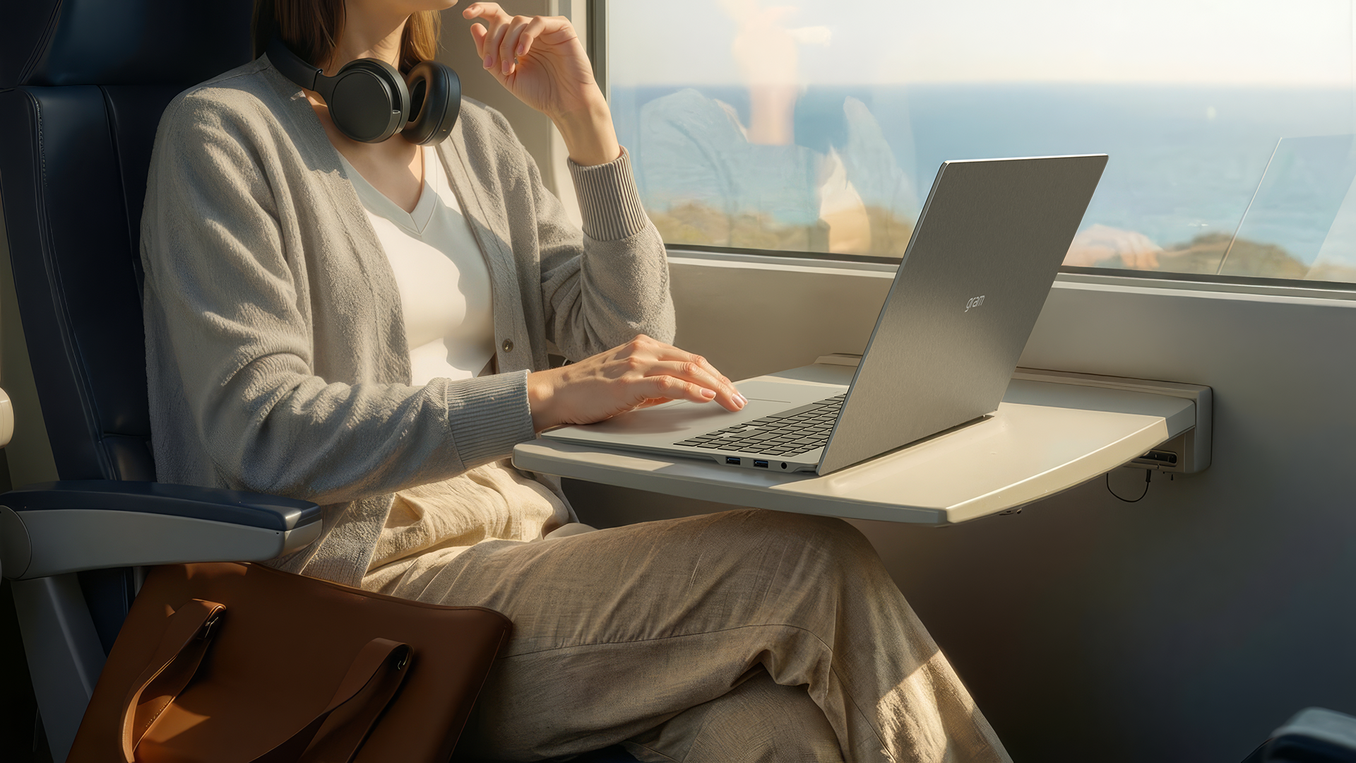 A woman using an LG gram laptop on a train
