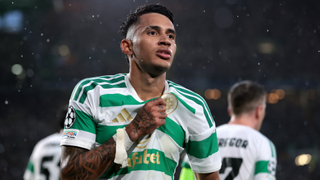 Camilo Duran of Celtic celebrates scoring his team’s second goal during the UEFA Champions League 2026/27 play-offs first leg match between Celtic and LASK at Celtic Park on August 19, 2026 in Glasgow, Scotland.