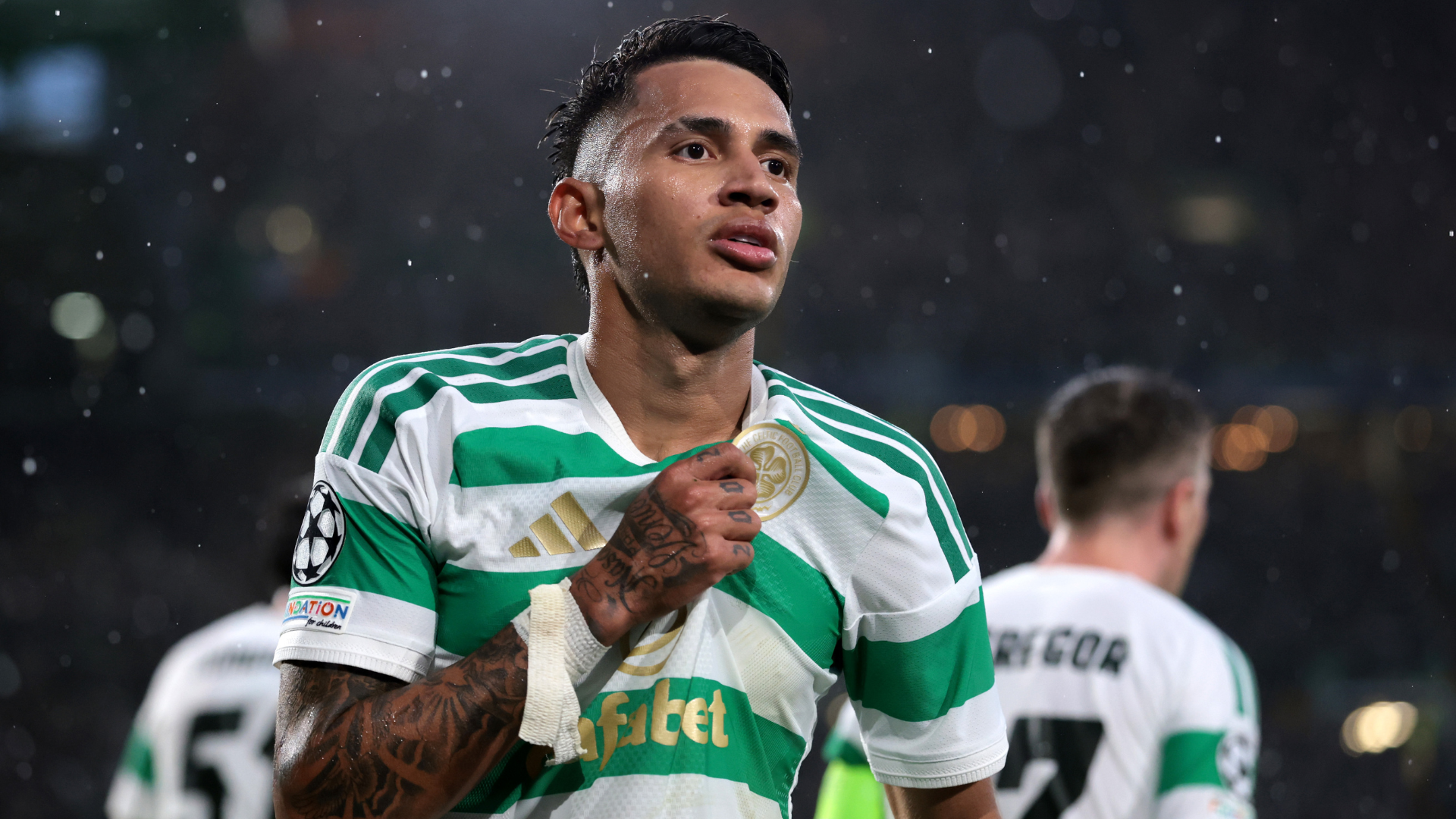 Camilo Duran of Celtic celebrates scoring his team&rsquo;s second goal during the UEFA Champions League 2026/27 play-offs first leg match between Celtic and LASK at Celtic Park on August 19, 2026.
