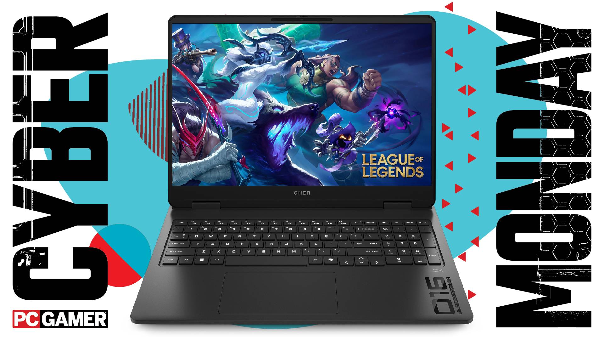 A HP Omen gaming laptop on a Cyber Monday background