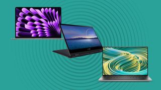 A MacBook Air, Asus Zenbook and Dell XPS 15 are arranged on a green background.
