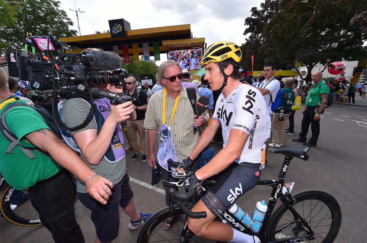 A TV interview for Geraint Thomas (Team Sky)