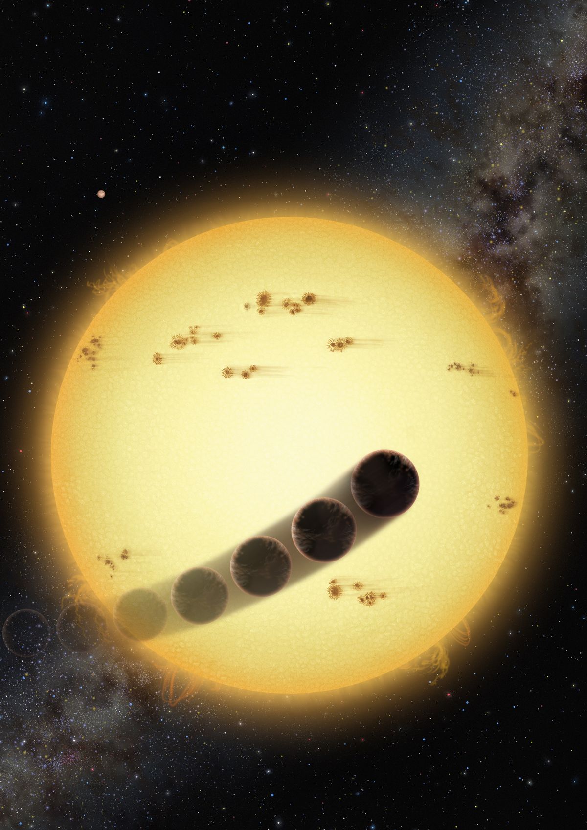 Some hot Jupiter alien planets orbit in a direction opposite to the stellar rotation. This can be caused by gravitational perturbations of another hot Jupiter in the system (shown in upper left).