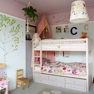 kids bedroom with painted pink ceiling