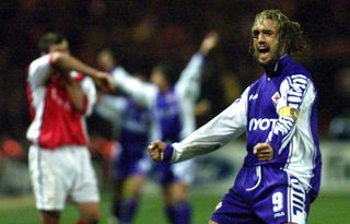 Gabriel Batistuta celebrates after scoring for Fiorentina against Arsenal at Wembley in the Champions League in October 1999.
