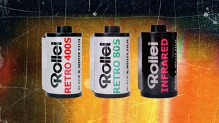 Three rolls of film on a retro film grain background
