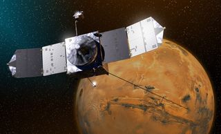 Artist's impression of the MAVEN (Mars Atmosphere and Voltaile EvolutioN Mission) spacecraft orbiting the Red Planet.