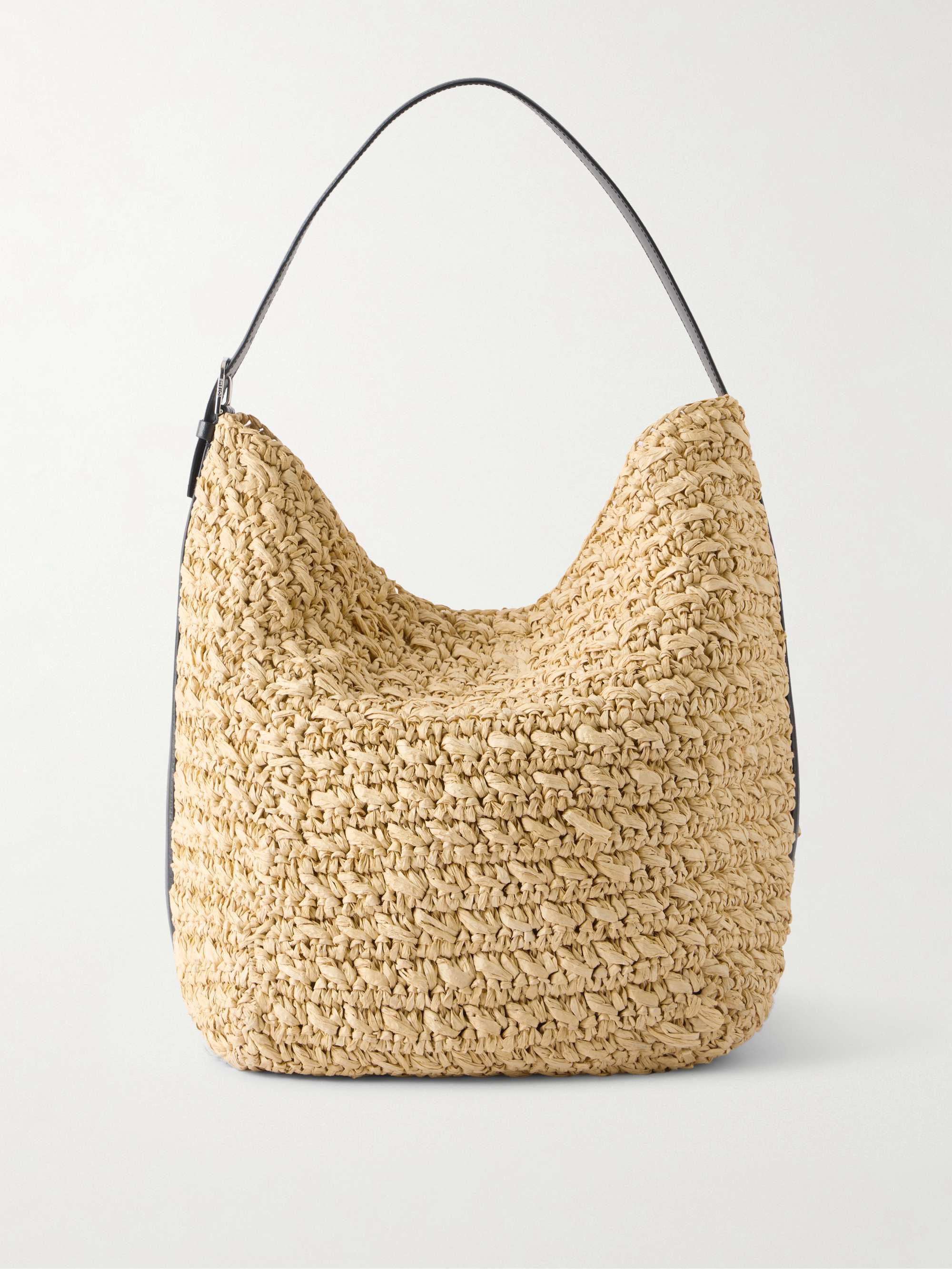 Leather-Trimmed Raffia Shoulder Bag