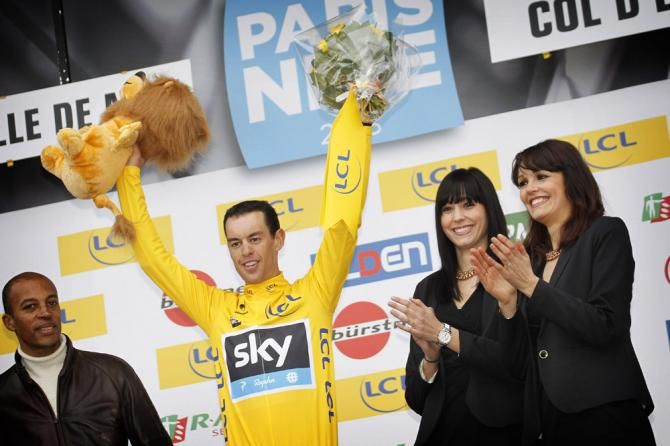 2013 Paris-Nice champion Richie Porte (Sky) resplendent in yellow on the final podium.