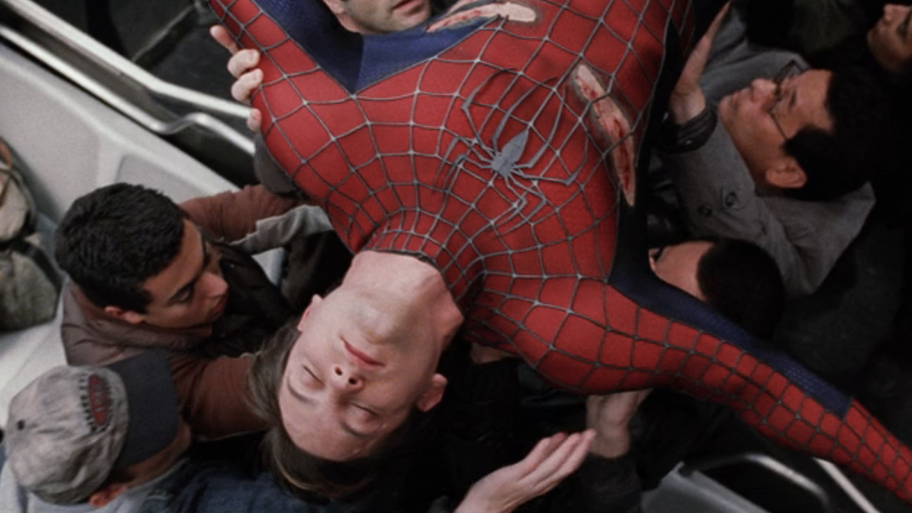 Spider-Man being carried in subway Spider-Man 2