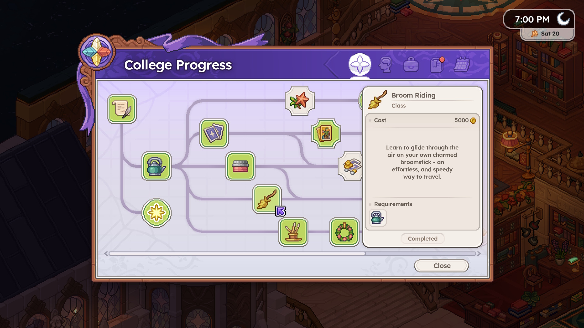 The college progress menu in Witchbrook