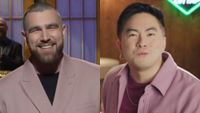 From L to R: Travis Kelce's opening monologue during Season 48 of Saturday Night Live, Bowen Yang in the "Straight Male Friend" sketch of Saturday Night Live Season 48.