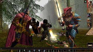 battle melee scene with adventurer squaring off against draconic enemies