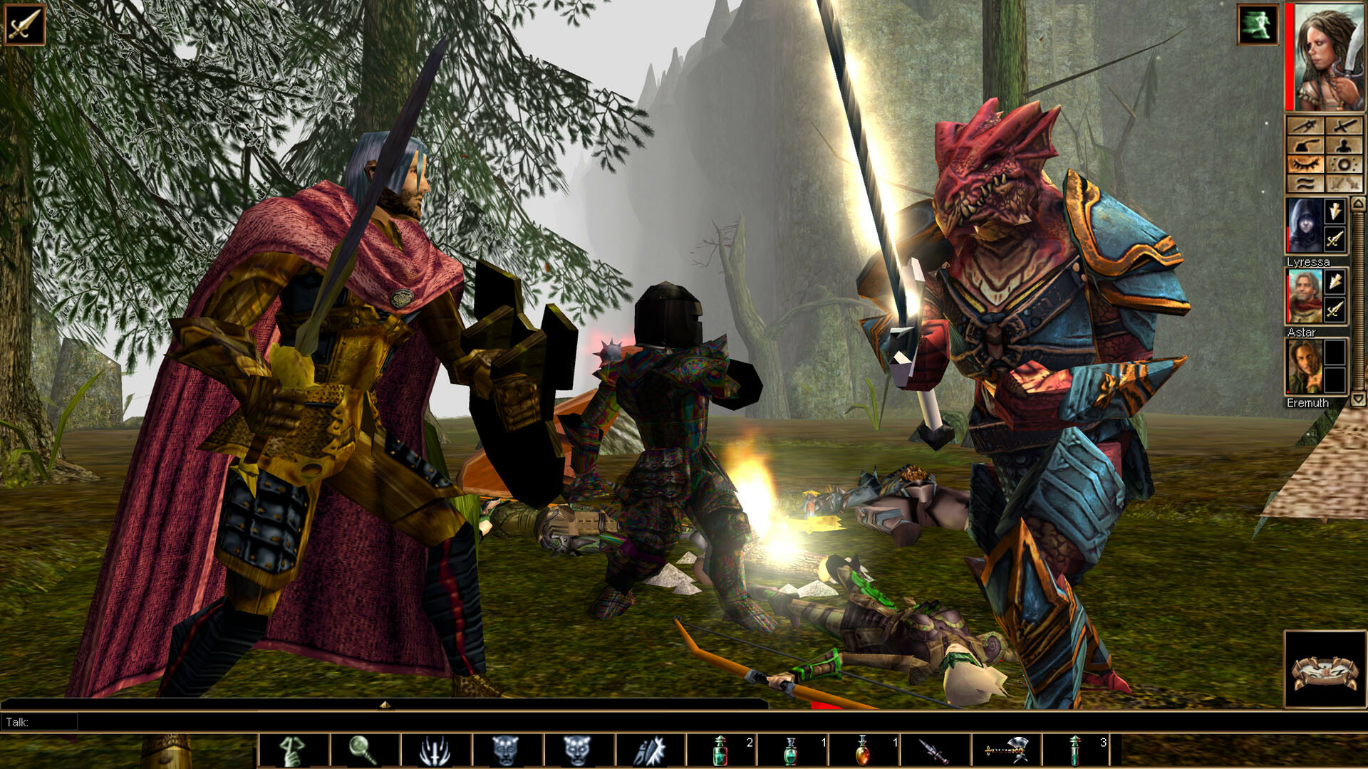 battle melee scene with adventurer squaring off against draconic enemies