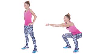 Woman doing a squat with frontal press, one of the key moves in our 30-day flat stomach workout challenge