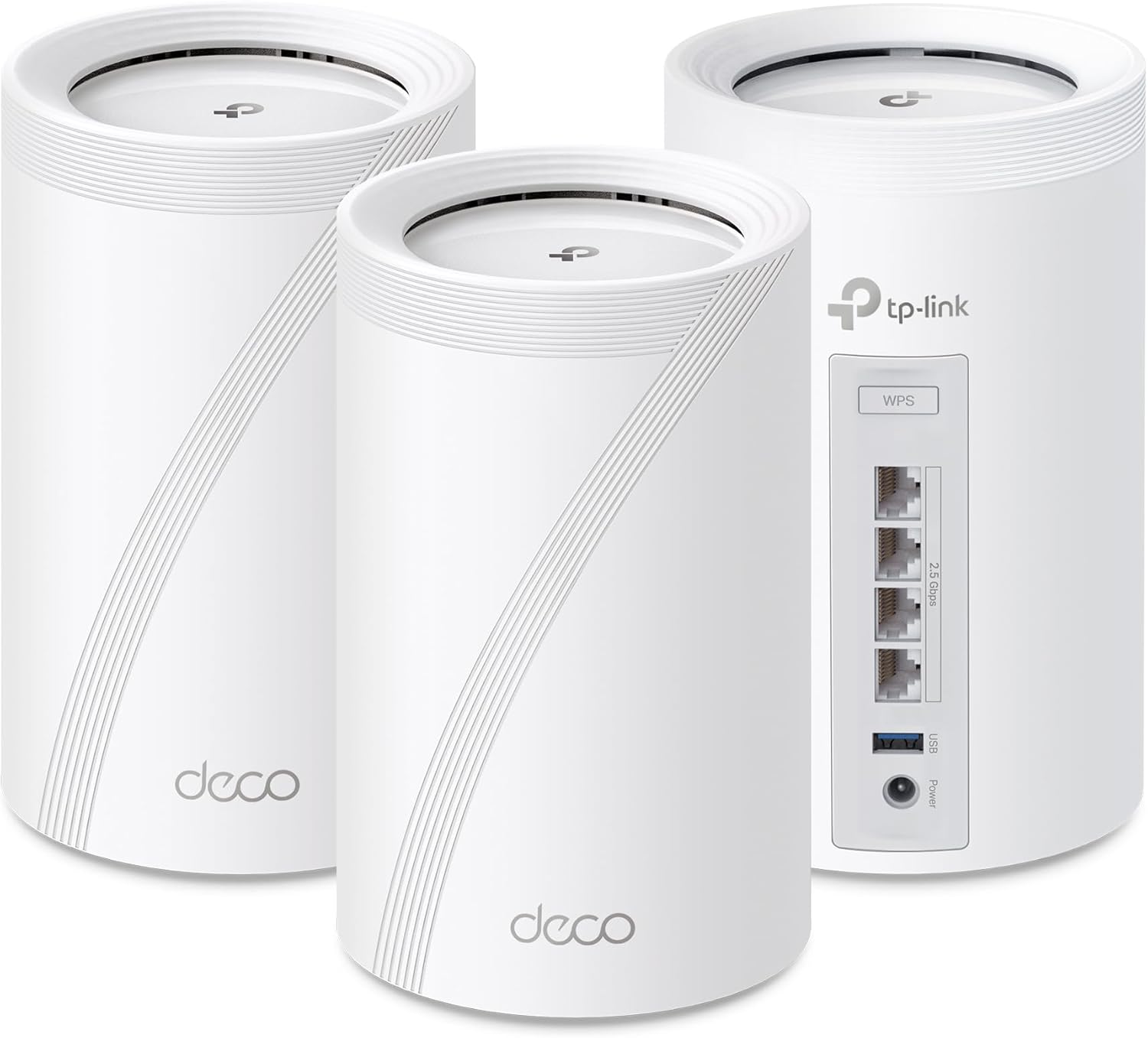 White TP-Link Tri-Band WiFi 7 Whole Home Mesh System router and two beacons against a white background.