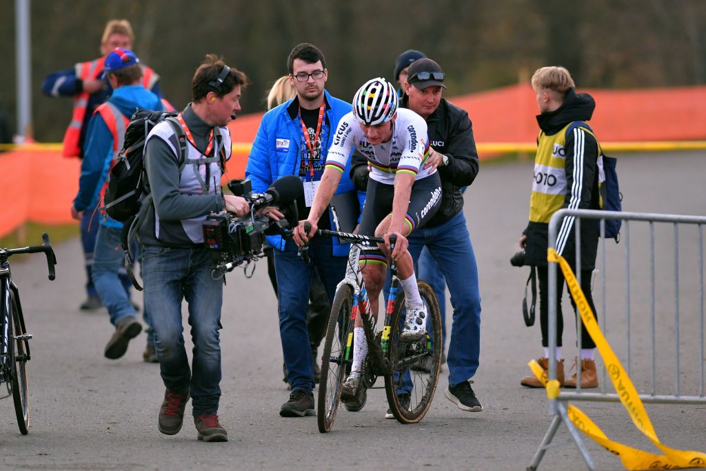 TABOR CZECH REPUBLIC NOVEMBER 16 Arrival Mathieu Van Der Poel of The Netherlands and Team Corendon Circus Celebration Press Media during the 23rd Tabor World Cup 2019 Men Elite UCICX TelenetUCICXWC on November 16 2019 in Tabor Czech Republic Photo by Luc ClaessenGetty Images