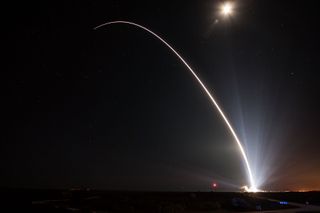 A United Launch Alliance Delta IV Medium rocket blazes a light trail through the sky on Dec. 7, 2016.