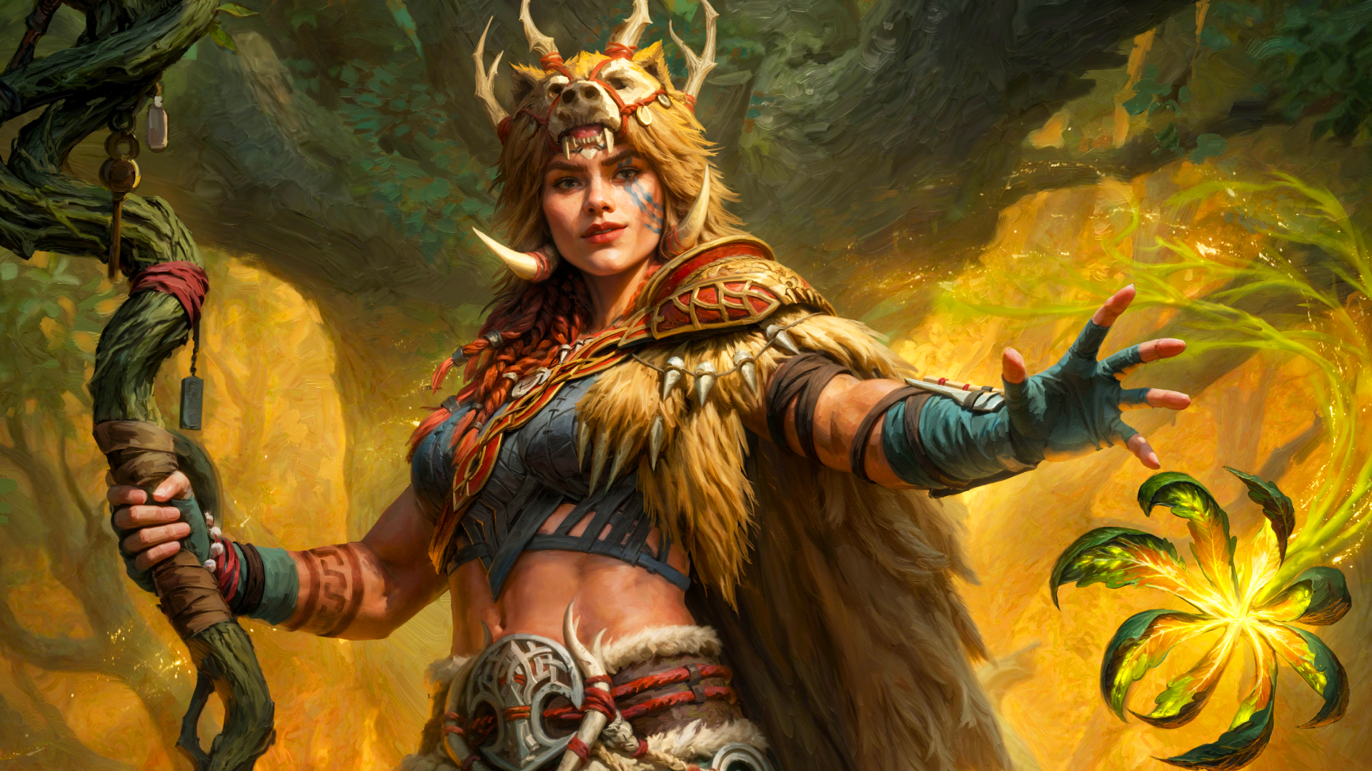 Key art of a Diablo Immortal druid wearing fur armor and wielding a gnarled wooden staff