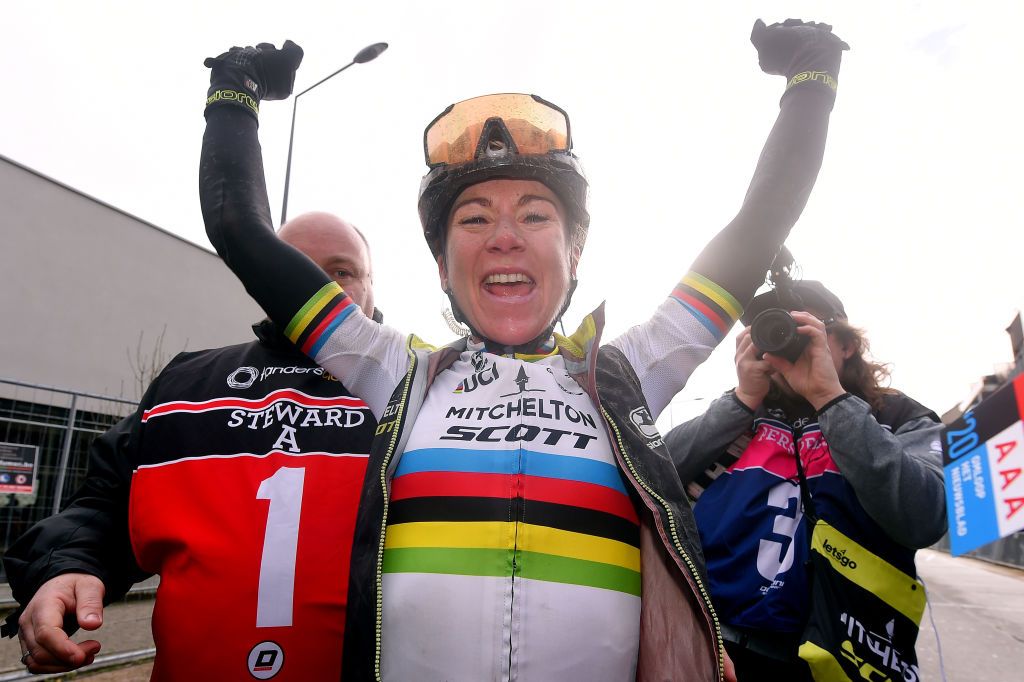 A delighted Annemiek Van Vleuten (Mitchelton-Scott) celebrates winning the 2020 Omloop Het Nieuwsblad