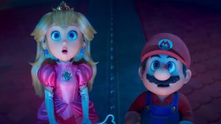 Princess Peach and Mario looking toward something in the sky in The Super Mario Galaxy Movie