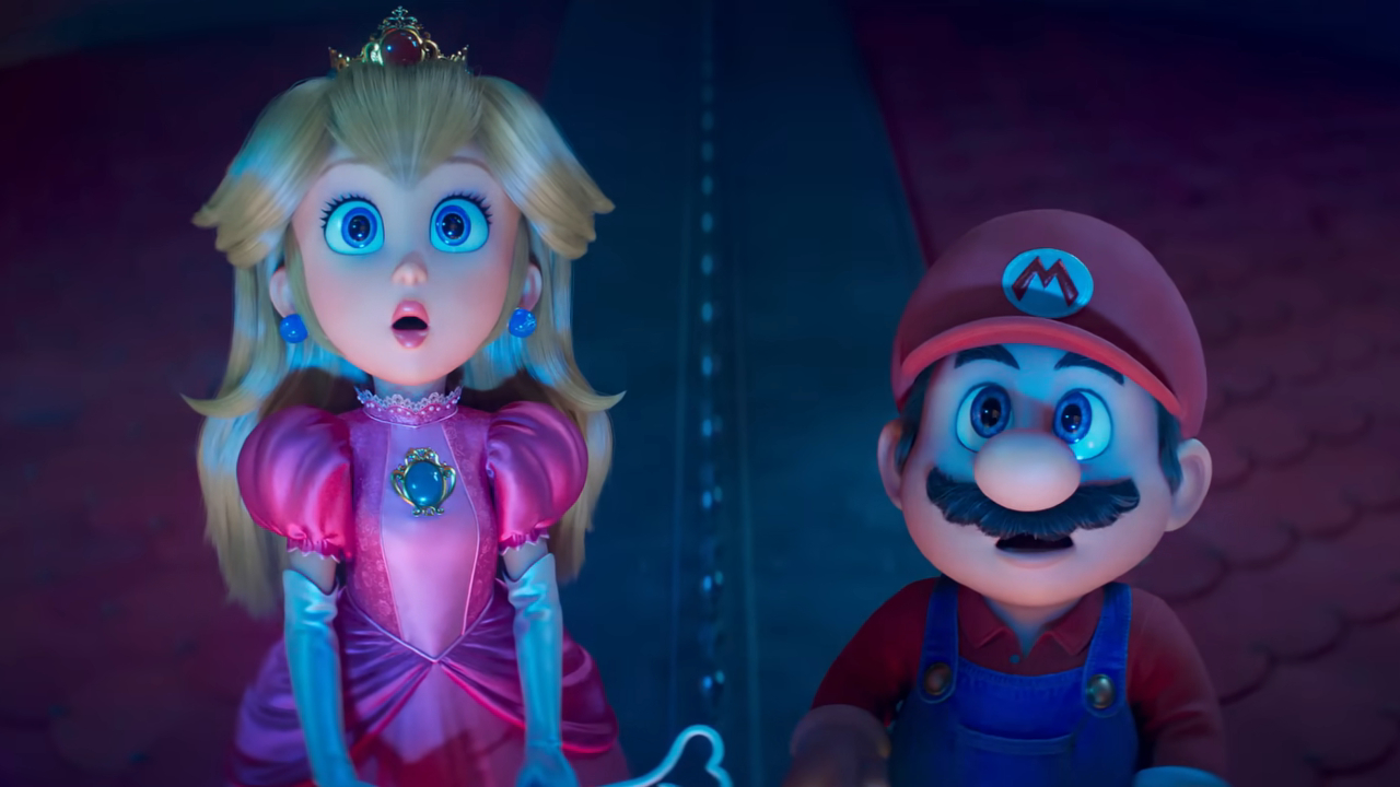Princess Peach and Mario looking toward something in the sky in The Super Mario Galaxy Movie