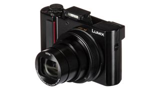 Panasonic Lumix TZ200 angled front view with lens extended on white background