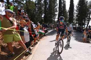 CAZORLA SPAIN AUGUST 24 LR Stage winner Primoz Roglic of Slovenia and Team Red Bull Bora hansgrohe and Enric Mas of Spain and Team Movistar compete in the breakaway during the La Vuelta 79th Tour of Spain 2024 Stage 8 a159km stage from Ubeda to Cazorla 1056m UCIWT on August 24 2024 in Cazorla Spain Photo by Tim de WaeleGetty Images