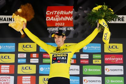 Wout van Aert on the podium after stage five of the Critérium du Dauphiné